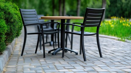 Charming black outdoor cafe table and chairs create a cozy spot in a lush garden surrounded by vibrant greenery during a sunny day