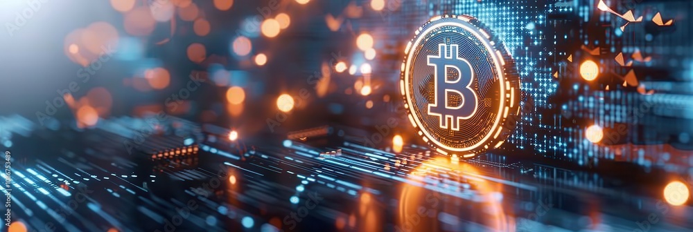 Poster close-up of a glowing bitcoin symbol on a digital blockchain network, surrounded by bright light eff