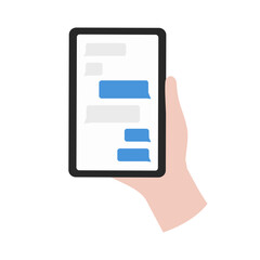 Hand holding phone screen with texting messages. Technology, social media, communication, connection, contact, networking, sms, chat concept. Flat vector design isolated illustration.