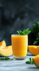 Refreshing glass of orange and pumpkin juice surrounded by fresh fruits and mint on a rustic wooden surface