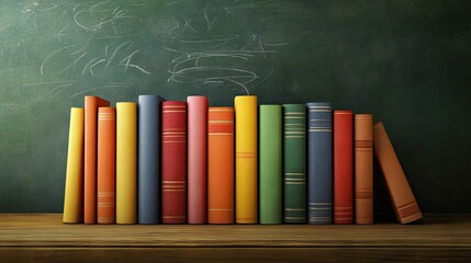A colorful array of vintage books stacked neatly on a wooden shelf against a rustic chalkboard background.