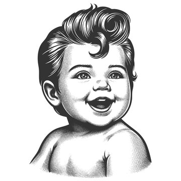 recommend clip art: smiling baby with a retro pompadour hairstyle, vintage vibe and classic charm sketch engraving generative ai fictional character raster illustration. Scratch board imitation. Black and white image.
