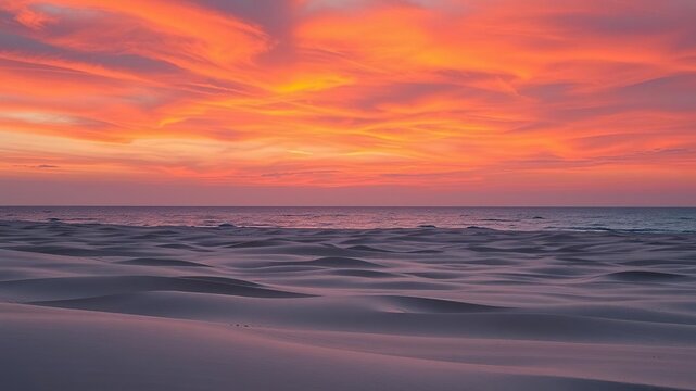 A vibrant orange hue permeates the sky as day transitions to night, illuminating a vast expanse of rolling sand and shimmering water, ocean, nature, dunes
