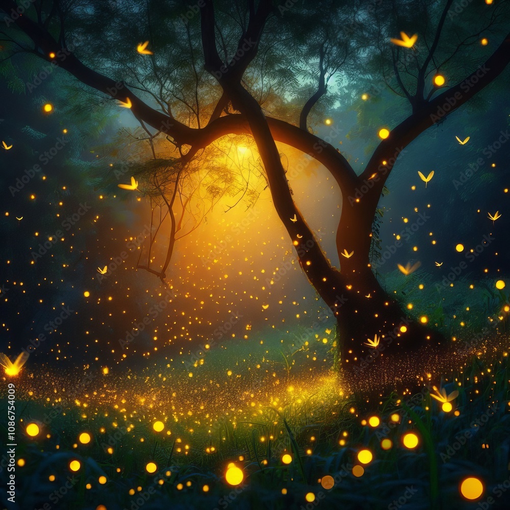 Poster fireflies from a tree glowing fireflies descending from a tree i