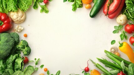 A colorful assortment of fresh vegetables, including leafy greens, bell peppers, and tomatoes, arranged beautifully on a light background.