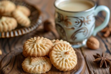 Nut cookies, walnut biscuits, butter cookies, crackers pile in shape of flowers, snowflakes, stars, round shortbread