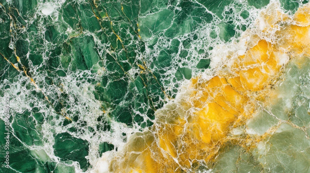 Poster vibrant green and gold marble texture with distinctive veins and water-like patterns ideal for backg