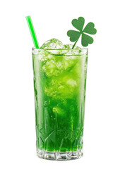 Green cocktail in tall glass with shamrock garnish, symbol of celebration
