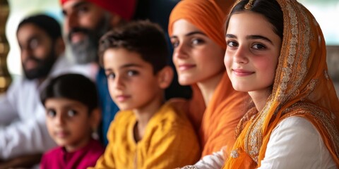 Fototapeta premium A vibrant gathering of diverse individuals showcases rich cultural attire and expressions. The focus is on joy and connection among family and friends. This image represents unity. AI