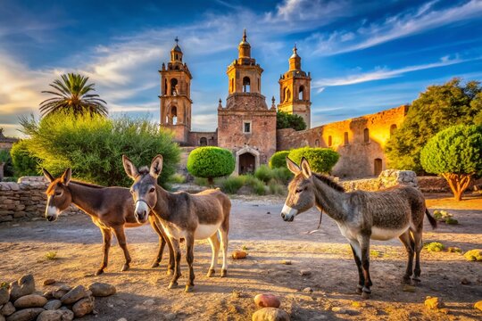 Captivating Architectural Photography of Donkeys in El Triunfo, BCS, Mexico Against a Backdrop of Rustic Buildings and Stunning Desert Landscapes