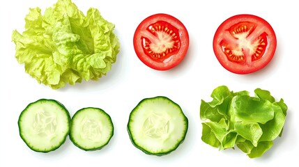 Obraz premium Fresh vegetables including lettuce, tomato, and cucumber arranged on a white background.