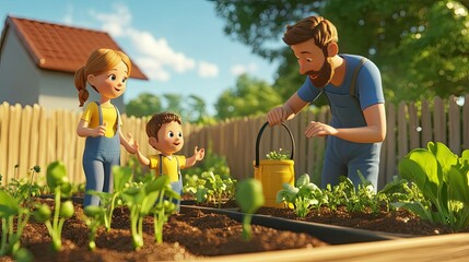 Joyful Family Gardening Together in a Lush Backyard, Father Teaching Son and Mother Nurturing Green Plants in a Cheerful Animated Scene