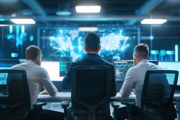 Group of professionals analyzing data on multiple monitors with a global network visualization in the background, representing teamwork and technology.