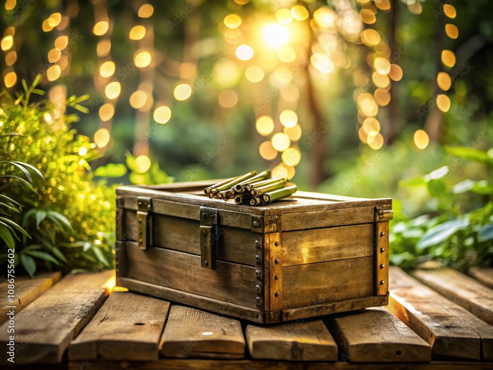 Poster captivating bokeh effect image of an ammo crate surrounded by soft, blurred backgrounds, perfect for