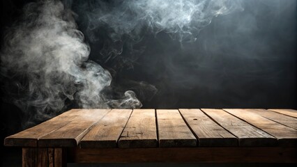 A wooden table sits empty against a dark, foreboding backdrop, with tendrils of smoke curling upwards like serpents, solitude, table