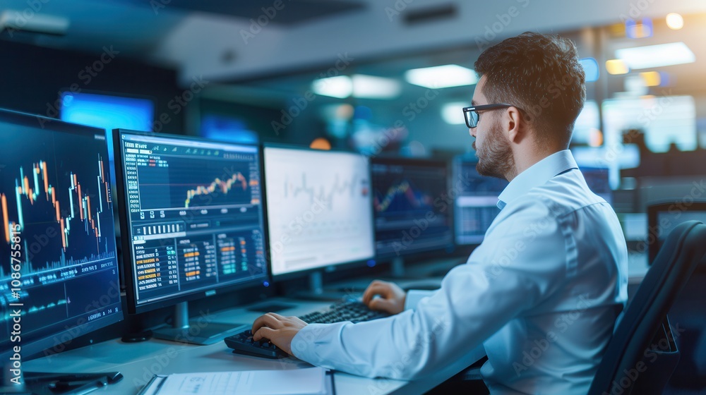 Poster a professional financial analyst working on multiple monitors displaying stock market data and chart
