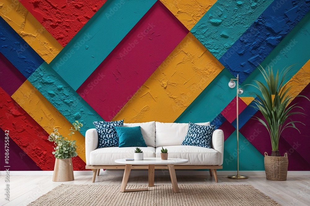 Poster dynamic textured geometric mural design for canvas display in a stunning color palette