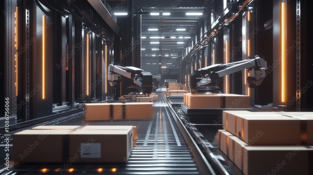 Poster automated warehouse conveyor belt system with robotic arms handling cardboard boxes