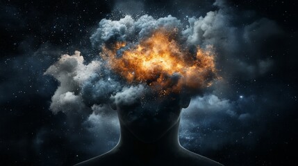 Fototapeta premium Fiery mind, a portrait of man with burning passion and creative energy flowing from his head