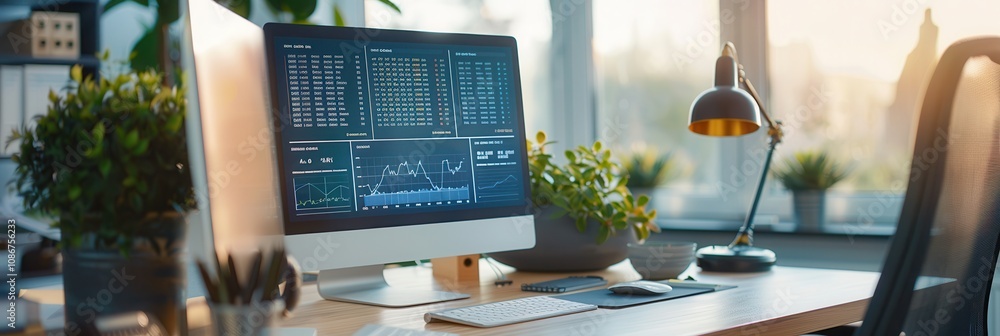 Poster a stylish office setup featuring a computer displaying financial charts and data, surrounded by plan