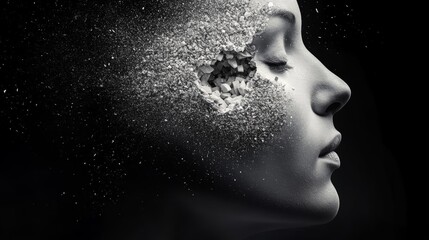 Conceptual art, woman's face with fragmented brain depicting mental health, cognitive impairment, and psychological challenges