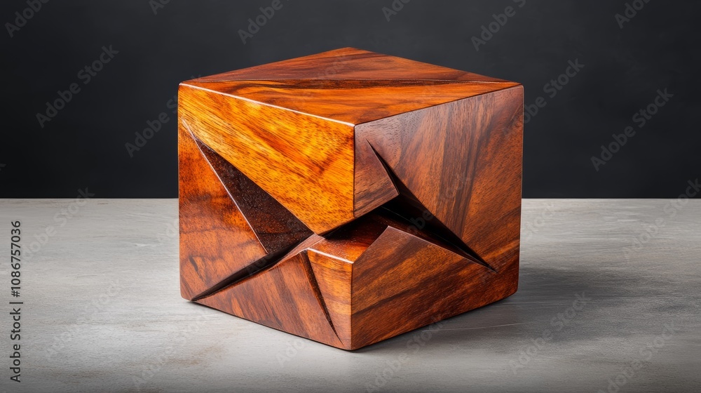 Poster intricate wooden cube with a central void, study of light, shadow, and geometric form in simple desi