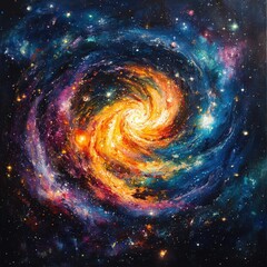Fototapeta premium A vibrant spiral galaxy displaying swirling colors of blue, orange, and purple, representing the beauty of the universe.