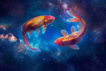 Pisces Zodiac Sign, Fish Horoscope Symbol, Two Magic Astrology Fishes, Pisces in Fantastic Night Sky