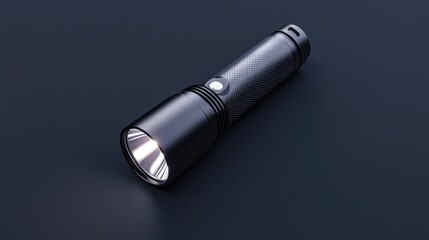 Discover the elegance of a sleek black flashlight on a minimalist backdrop, showcasing ultra-realism and cinematic detail for nighttime adventures