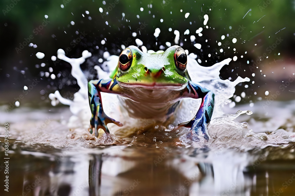 Poster frog leaping chalk shape explosion in a wide splash pattern
