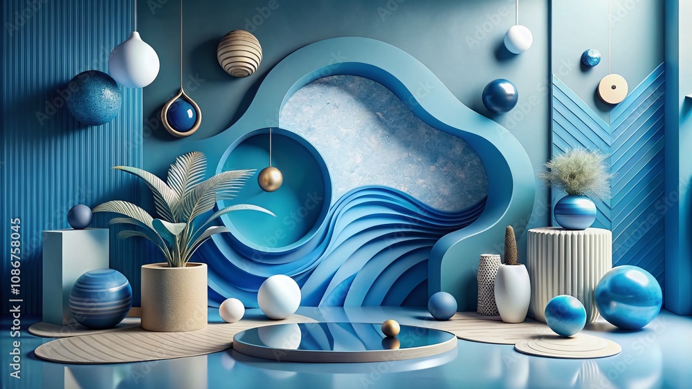 Poster captivating cool blue neutrals composition with fluid shapes and dynamic patterns, perfect for moder