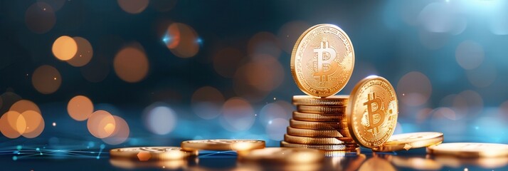 Golden Bitcoin coins stacked together with a glowing bokeh background, symbolizing cryptocurrency, blockchain, and digital investment trends.