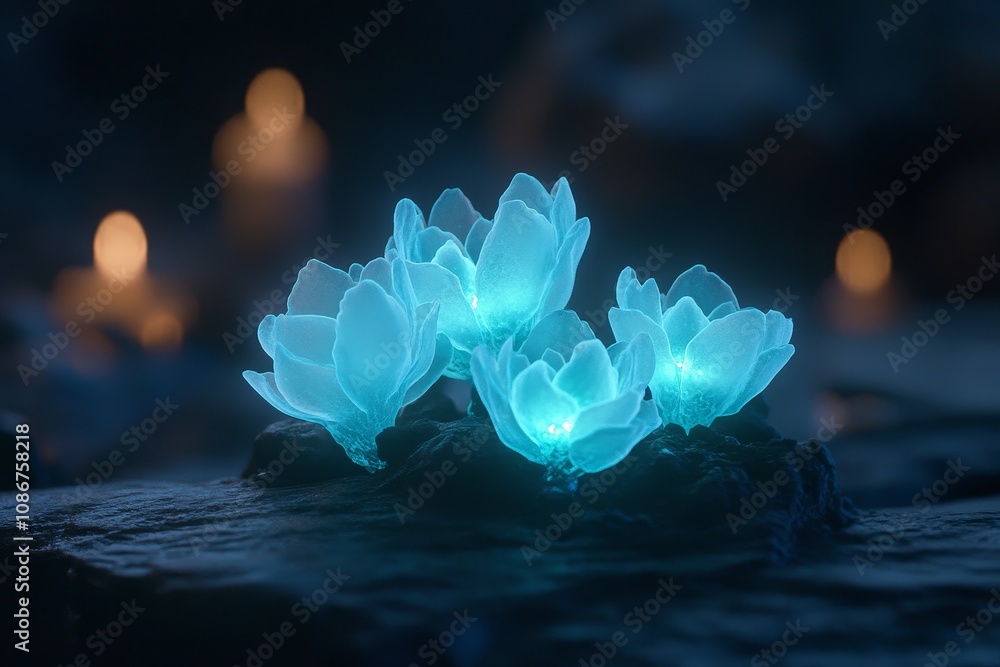Poster glowing flowers illuminate a tranquil space surrounded by soft candlelight in an ethereal setting at
