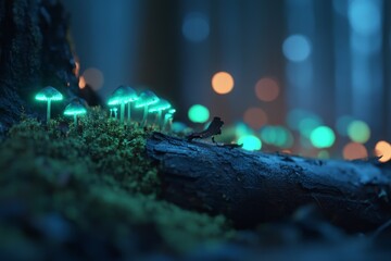 Bioluminescent mushrooms glow softly in a mystical forest setting during twilight hours