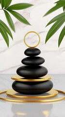Obraz premium A tranquil arrangement of golden and black rocks with a circular frame gently resting on water in a minimalist design during daylight