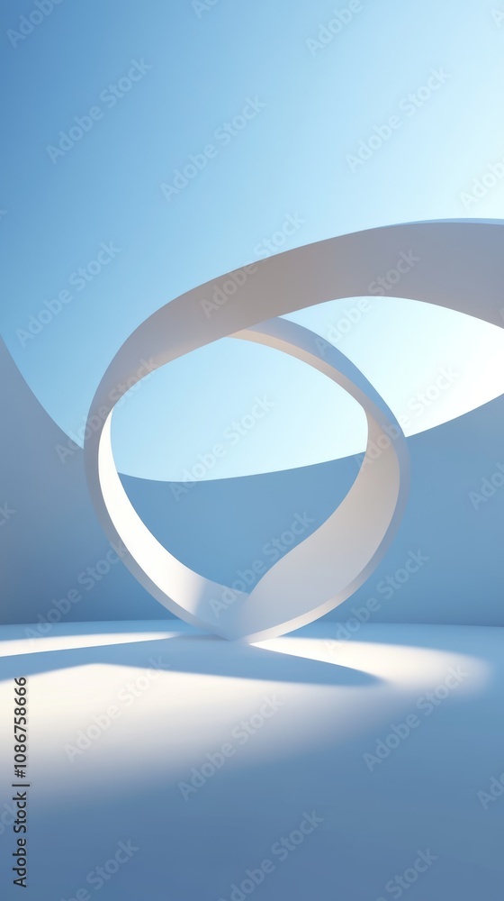 Poster minimalist architectural structure with curving forms under bright sunlight in an empty blue space