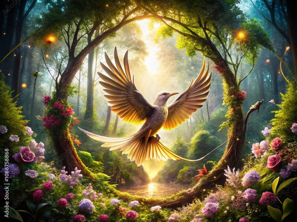 Poster captivating double exposure of a mockingjay bird symbolizing freedom and resilience with nature elem