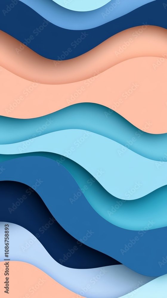Poster colorful wavy paper layers in soft blues and peach tones create a dynamic design for a modern art pi