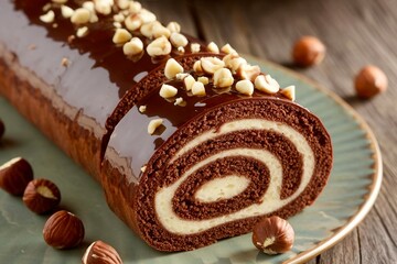  Chocolate Hazelnut Swiss Roll with Cream Filling and Roasted Nuts, Close-up Dessert