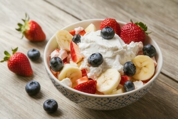 Quark dish with fruits- a bowl of fruit salad with cottage cheese. The fruit salad contains apple, banana, strawberries, and blueberries