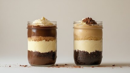 Delightful layered desserts in jars featuring chocolate and creamy coffee flavors in an artistic arrangement on a neutral background