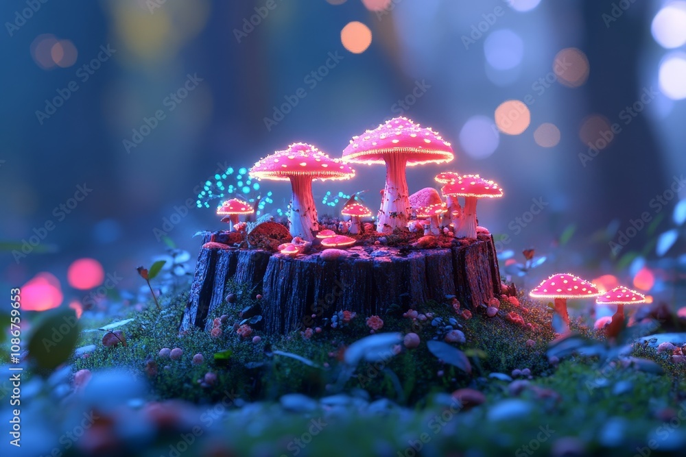 Poster glowing mushrooms illuminate a mystical forest setting at dusk, creating an enchanting atmosphere wi