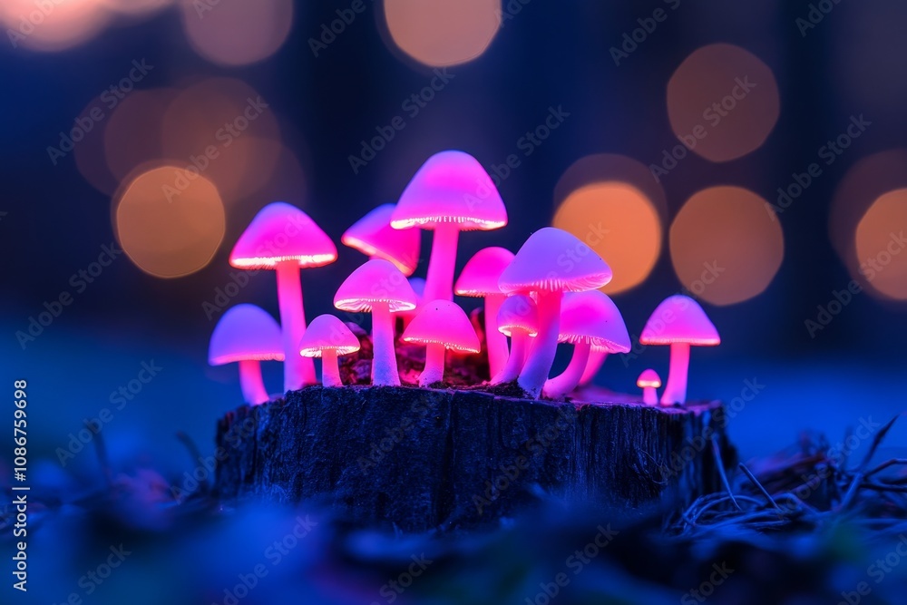 Poster glowing mushrooms illuminated at dusk on a tree stump surrounded by soft colorful lights in a tranqu