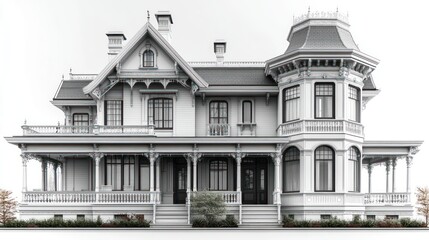 Fototapeta premium 3D model of a Victorian-style home with ornate details and a turret, on a white background.