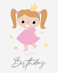 Vector illustration of cute little princess. Vector cute children birthday card with little girl 