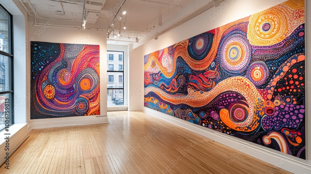Poster vibrant abstract artwork displayed in a contemporary gallery showcasing colorful swirls and patterns