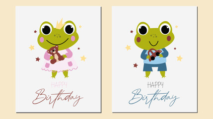  Vector set of cute children birthday cards with little girl frog and boy frog. Vector illustration of cute little frogs.