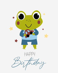Obraz premium Vector cute children birthday card with little boy frog. Vector illustration of cute little frogs.