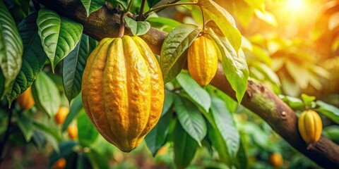 A nostalgic photograph features a yellow cocoa pod on the Theobroma cacao tree, surrounded by lush fruits, celebrating the artistry of natureâ€™s sweetest treasures.