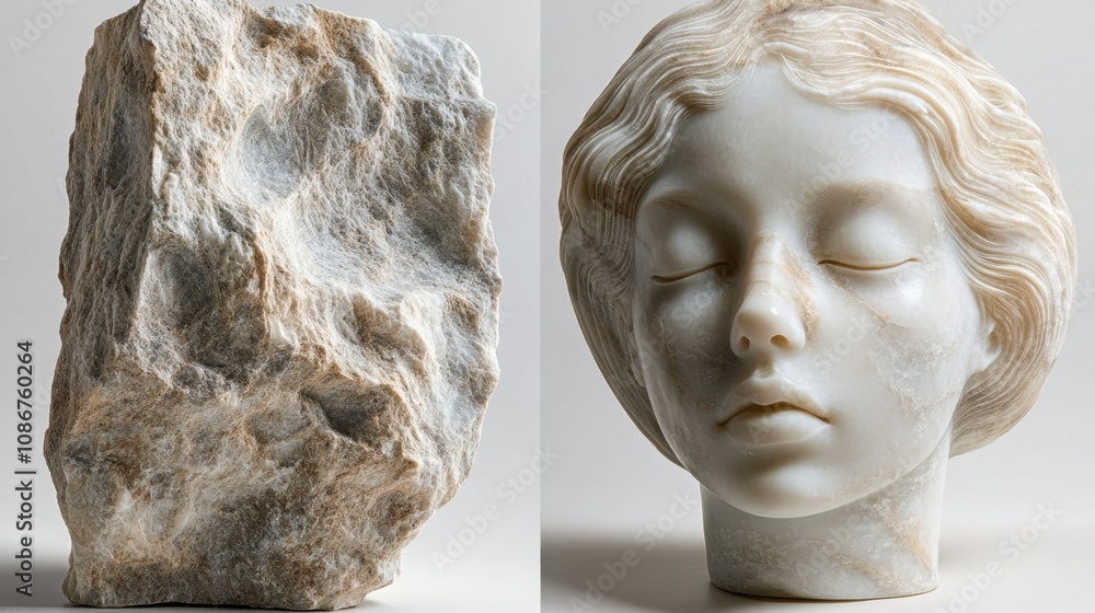 Poster a striking comparison of a rough stone block and a delicate marble head sculpture crafted in a conte
